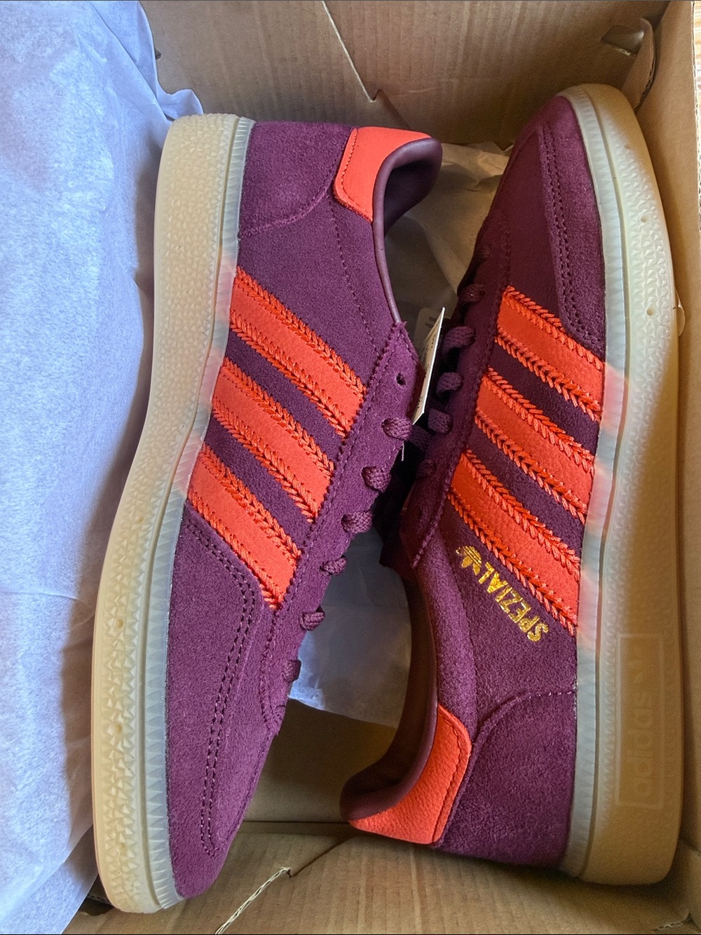 adidas Women’s Handball Spezial Burgundy Suede Sneakers with Orange Stripes - Picture 5 of 7